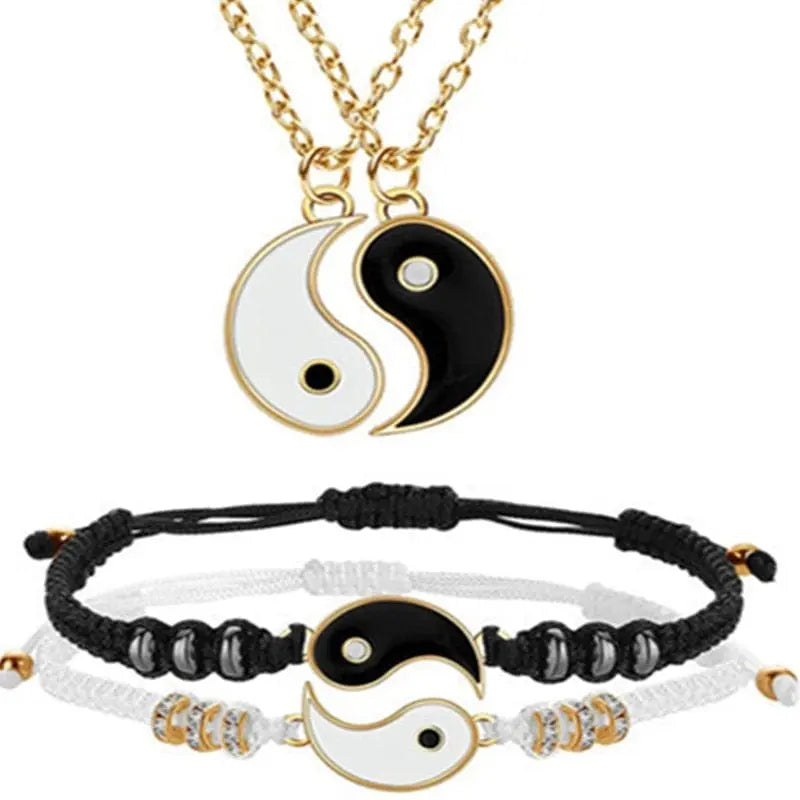 Showlu Tai Chi Yin Yang woven bracelet and necklace jewelry set with alloy pendant, hand-woven rope design, and traditional symbolism.