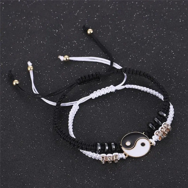 Showlu Tai Chi Yin Yang woven bracelet and necklace set with alloy pendants, hand-woven rope design, traditional Chinese-inspired jewelry.