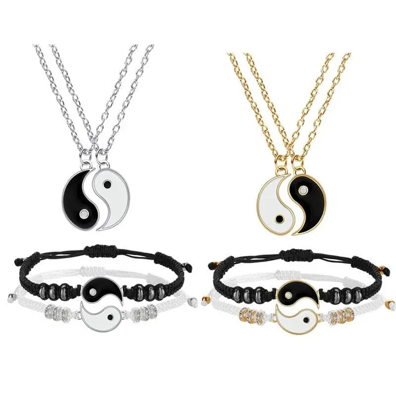 Showlu Tai Chi Yin Yang woven bracelet and necklace jewelry set with alloy yin-yang pendants and hand-woven rope design.