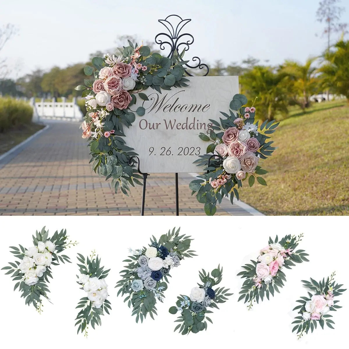 Artificial wedding arch flowers kit with dusty rose silk garland, eucalyptus accents, and drapes for wedding decor.