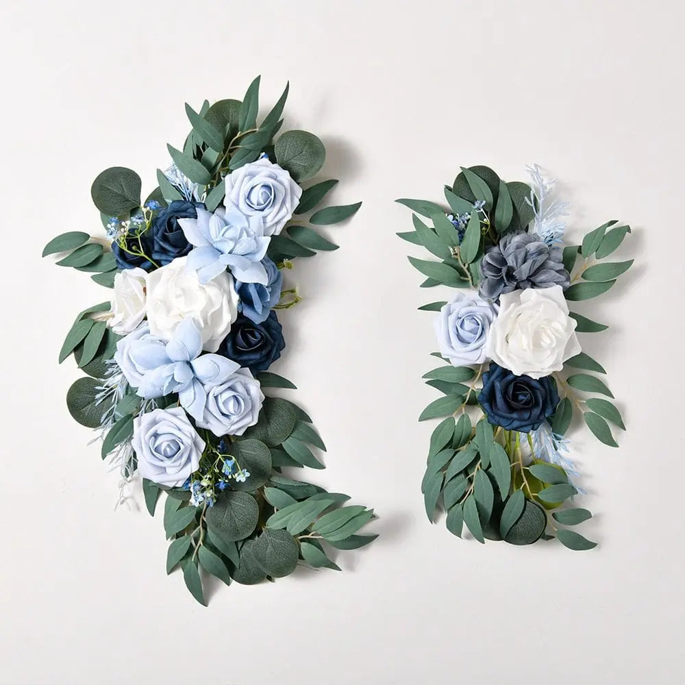 Artificial wedding arch flowers kit with dusty rose silk garland, eucalyptus accents, and drapes for boho wedding decor.