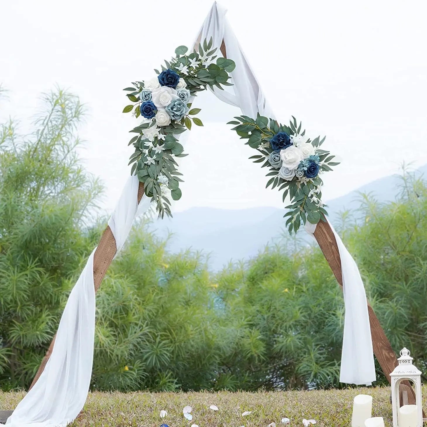 Artificial wedding arch flowers kit with dusty rose silk garland, eucalyptus, drapes, and welcome sign for wedding decor.