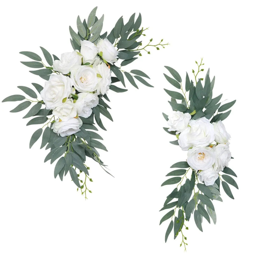Artificial wedding arch flowers kit with dusty rose silk garland and eucalyptus for boho wedding decor and elegant drapes.