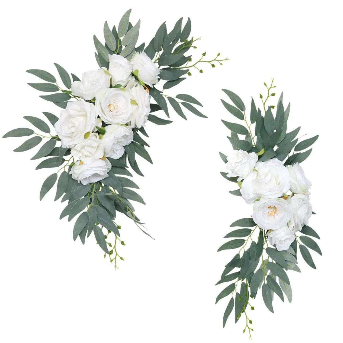 Artificial wedding arch flowers kit with dusty rose silk garland and eucalyptus for boho wedding decor and elegant drapes.
