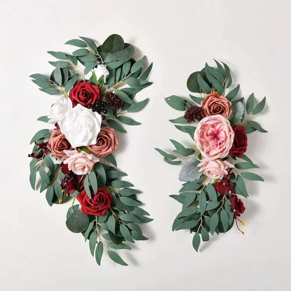 Artificial wedding arch flowers kit with dusty rose silk garland, eucalyptus leaves, and drapes for wedding decorations.