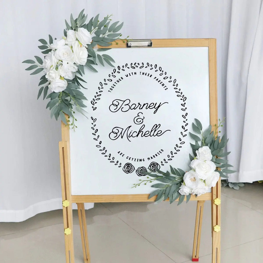 Artificial wedding arch flowers kit with dusty rose silk garland, eucalyptus accents, and drapes for wedding decor.
