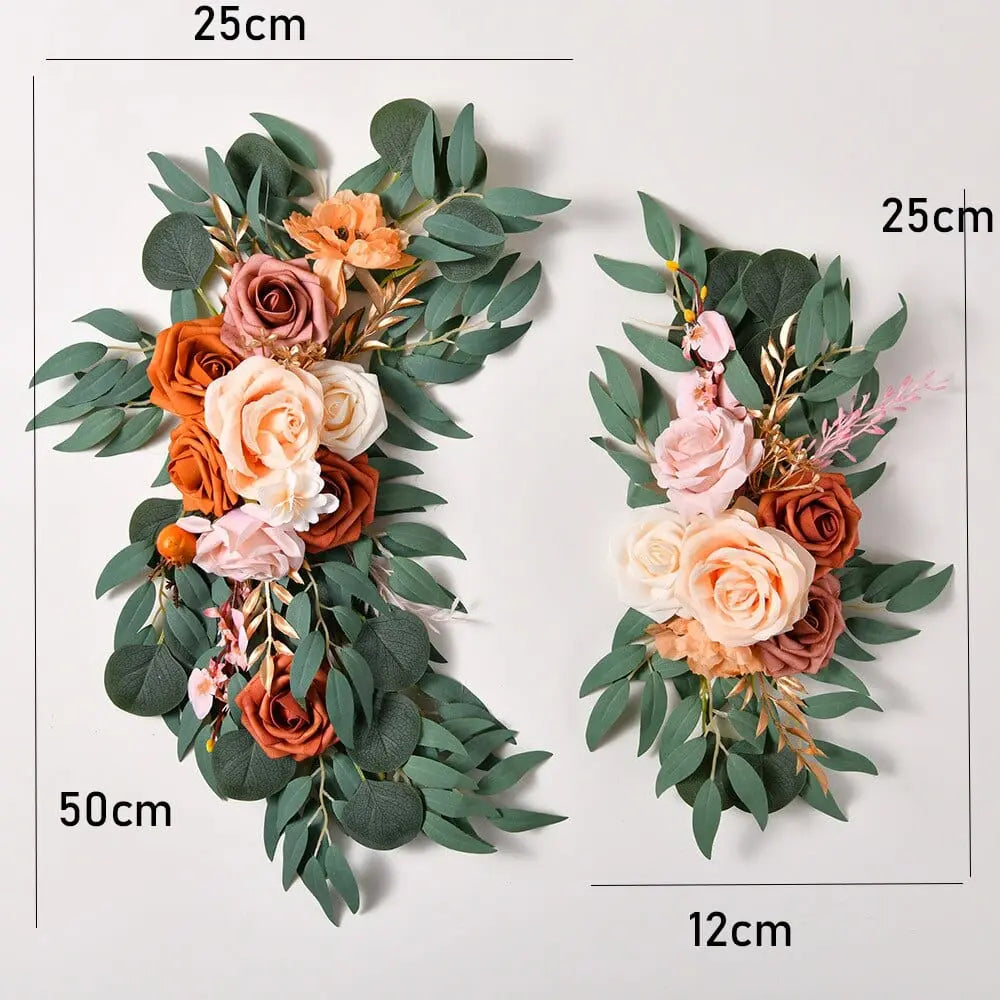 Artificial wedding arch flowers kit with dusty rose silk garland, eucalyptus accents, and drapes for wedding decor and welcome signs.