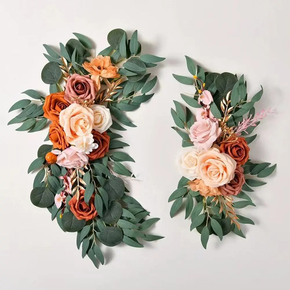 Artificial wedding arch flowers kit with dusty rose silk garland, eucalyptus, and drapes for wedding decor.