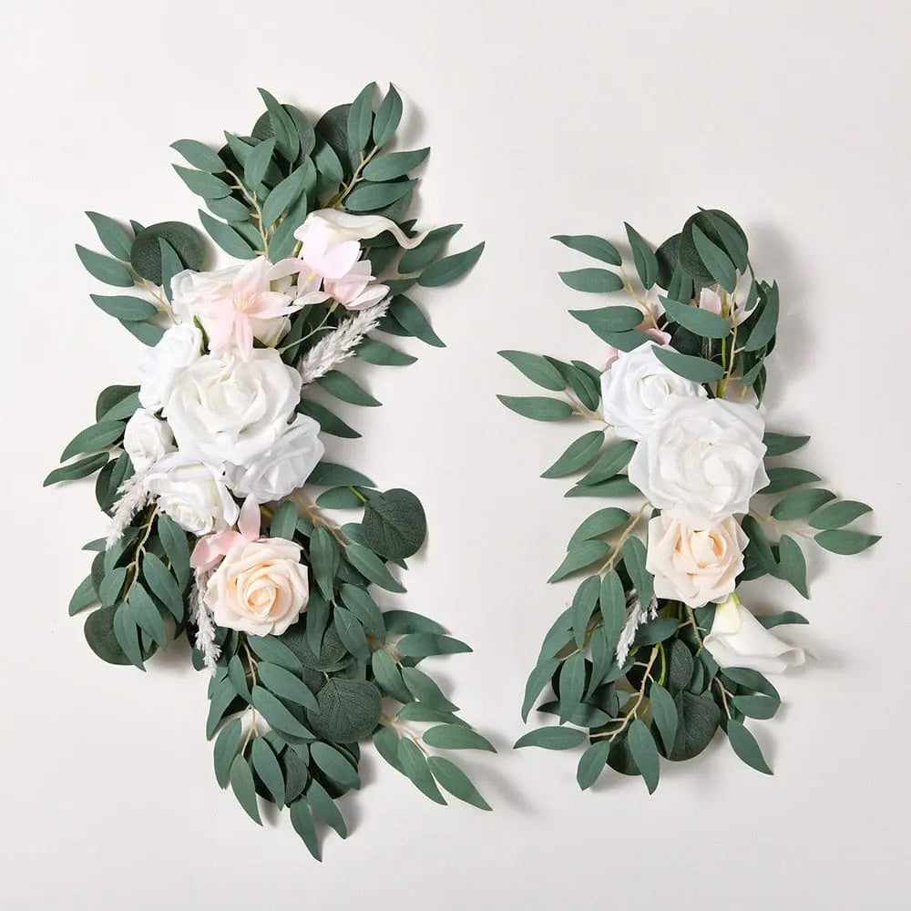 Artificial wedding arch flowers kit with dusty rose silk garland, eucalyptus accents, and drapes for wedding decorations.