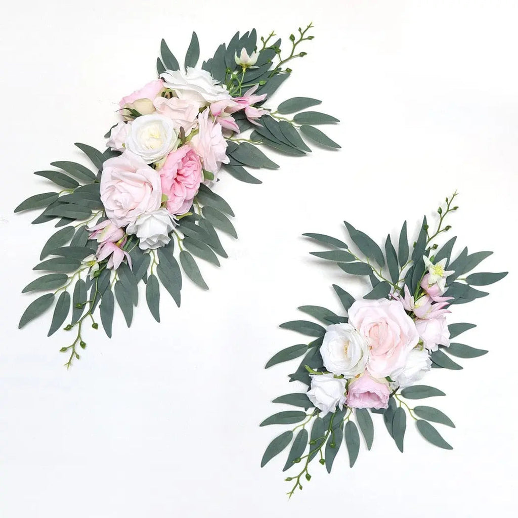 Artificial wedding arch flowers kit with dusty rose silk garland, eucalyptus accents, and drapes for wedding decor.