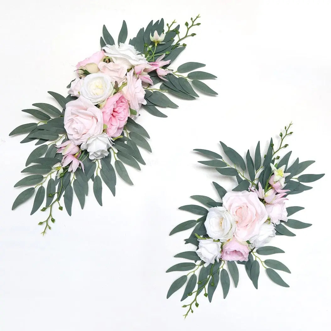 Artificial wedding arch flowers kit with dusty rose silk garland, eucalyptus accents, and drapes for wedding decor.