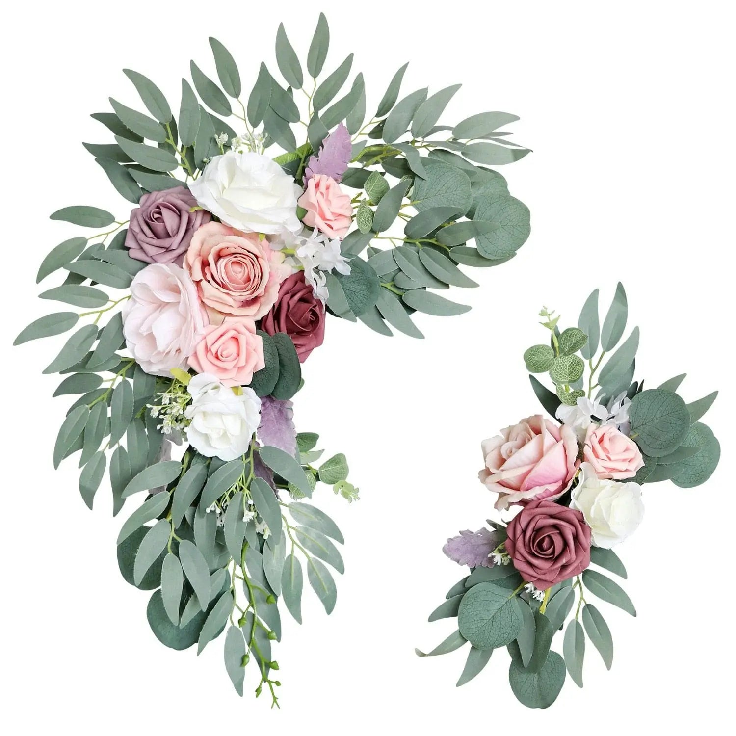 Artificial wedding arch flowers kit with dusty rose silk garland, eucalyptus accents, ideal for boho wedding decorations and drapes.