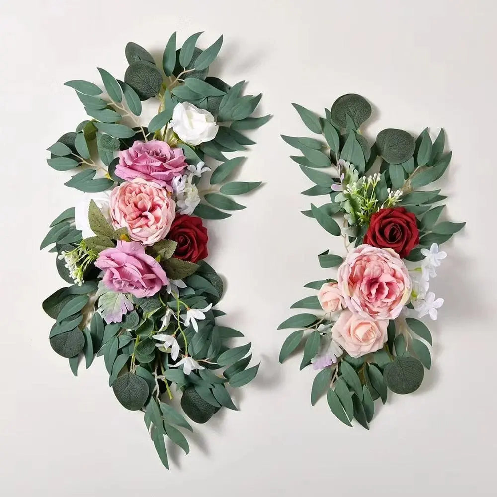 Artificial wedding arch flowers kit with dusty rose silk garland, eucalyptus accents, suitable for boho wedding décor and arches.