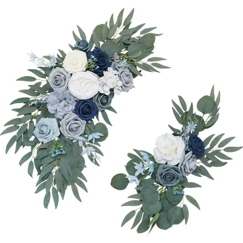 Artificial wedding arch flowers kit with dusty rose silk garland, eucalyptus accents, and drapes for wedding decor.