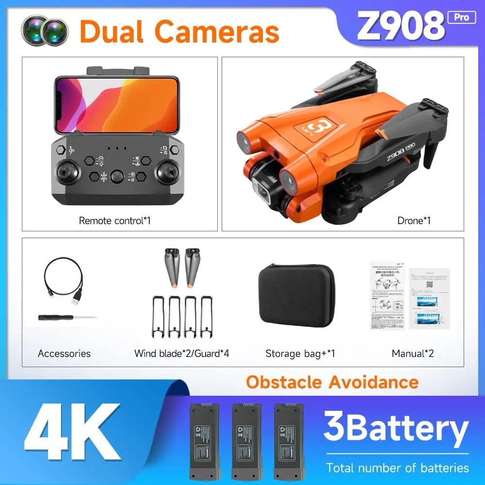 Anel Demosthene Z908 Pro Drone with 4K HD camera, mini quadcopter design, obstacle avoidance sensors, and sleek black finish.