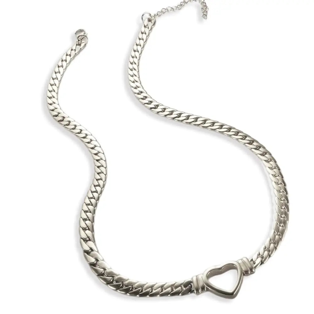 Gold-plated stainless steel heart necklace and nail bracelet set for women featuring luxury love heart chain jewelry.