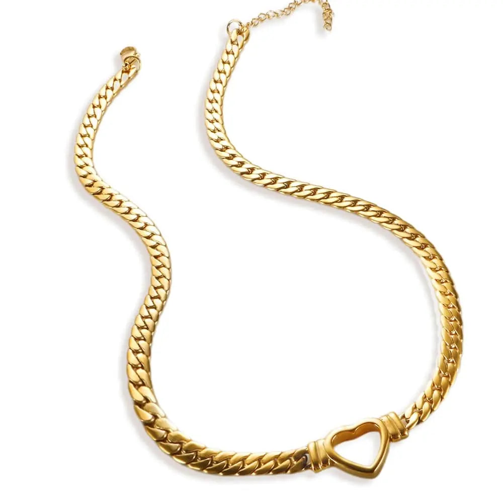 Gold-plated stainless steel heart necklace and nail bracelet set featuring luxury love heart chain jewelry for women.