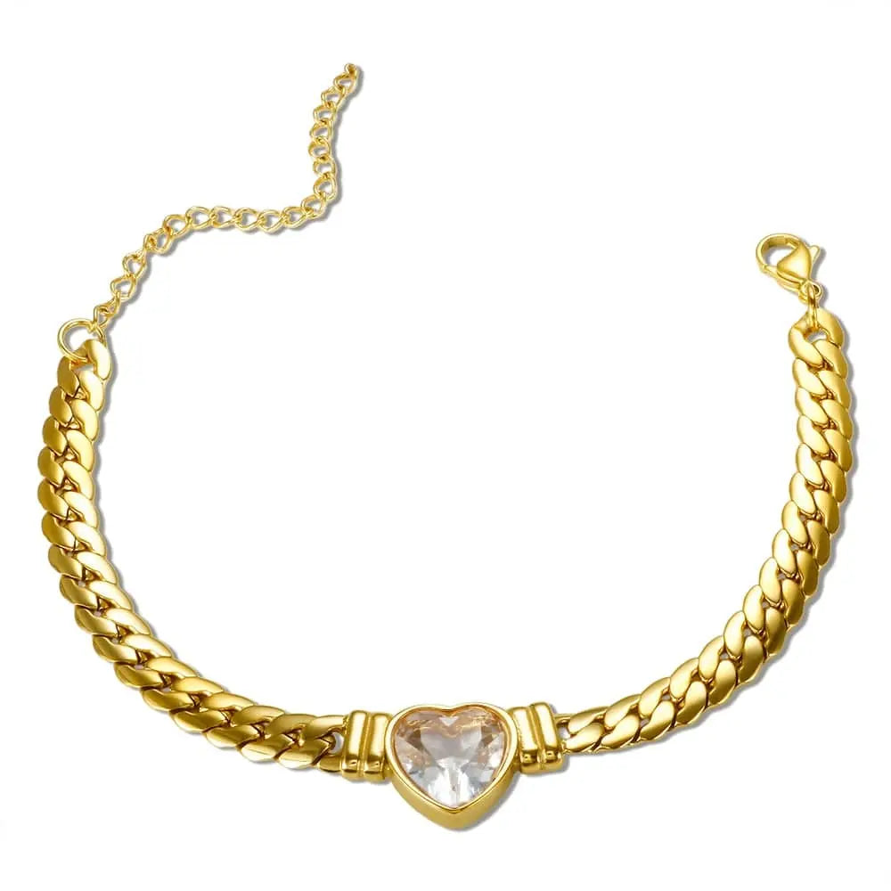 Gold-plated stainless steel heart necklace and nail bracelet set for women, featuring luxury love heart chain jewelry.