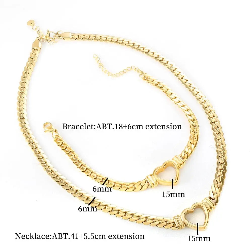 Gold-plated stainless steel heart necklace and nail bracelet set for women, featuring elegant water-resistant jewelry from ZMFashion.