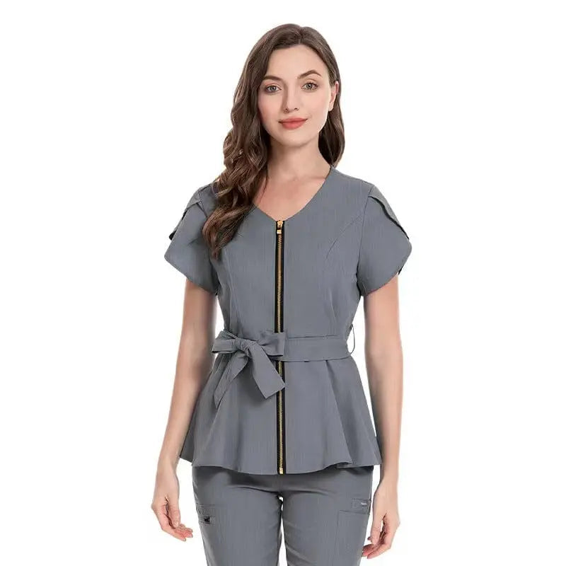 Showlu Medical Scrubs set featuring a colorful zipper and stretchy fabric, ideal for nurses, dental professionals, and medical staff.
