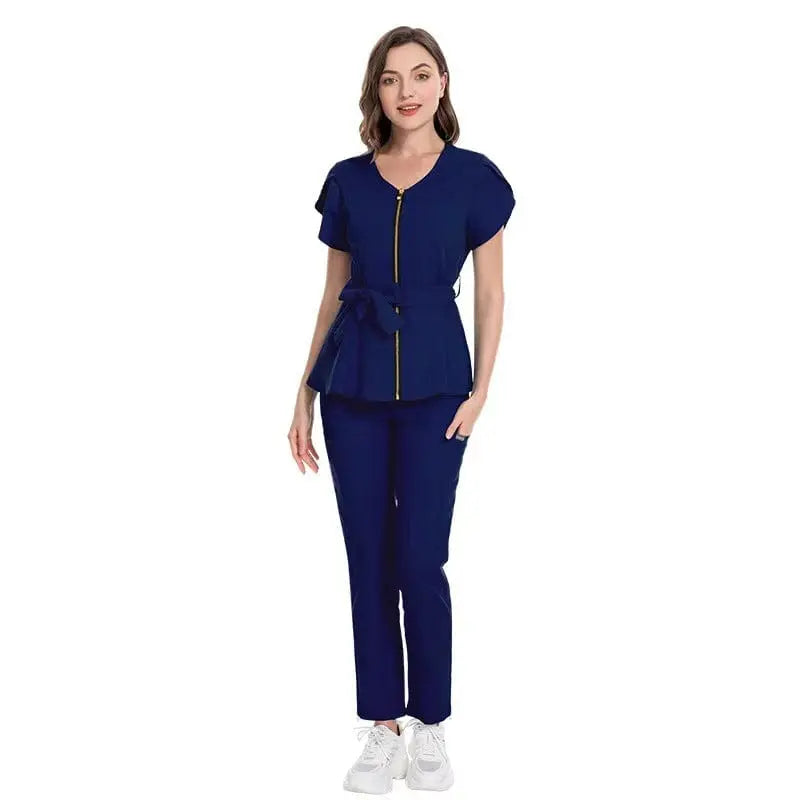 Showlu Medical Scrubs set featuring a colorful, stretchy zipper-front nurse and dental uniform for healthcare professionals.