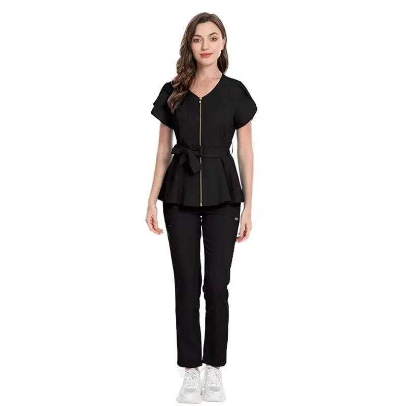 Showlu Medical Scrubs set with a colorful zipper design, featuring stretchy, reusable nurse and dental uniforms for healthcare professionals.