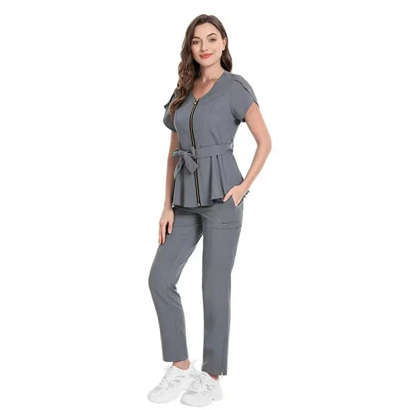 Showlu Medical Scrubs set featuring a stretchy, reusable nurse and dental uniform with a zipper and colorful design.