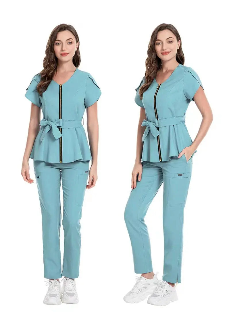 Showlu Medical Scrubs set featuring a colorful, stretchy zipper uniform for nurses and dental professionals.