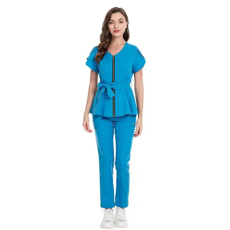 Showlu Medical Scrubs set featuring a stretchy, reusable nurse and dental uniform with a colorful zipper design.