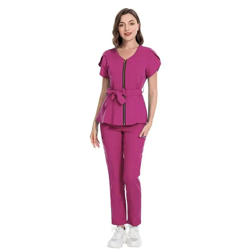 Showlu Medical Scrubs set featuring stretchy, reusable nurse and dental uniforms with colorful zipper accents.