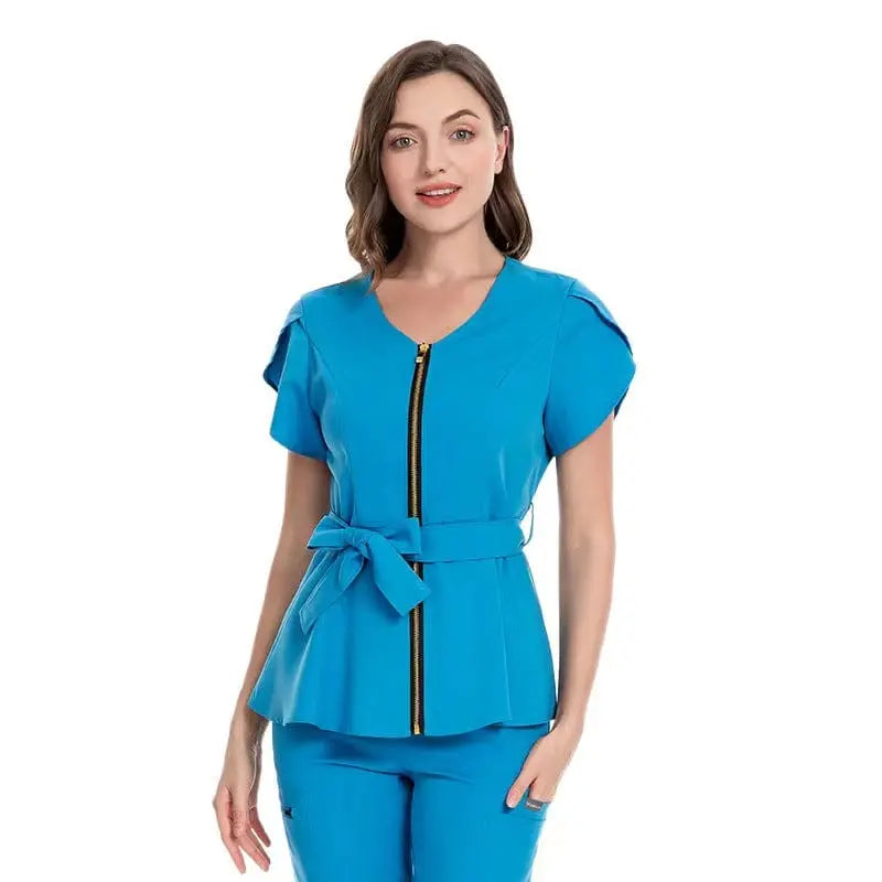 Showlu Medical Scrubs set featuring a colorful stretchy nurse and dental uniform with zipper closure, designed for comfort and reuse.