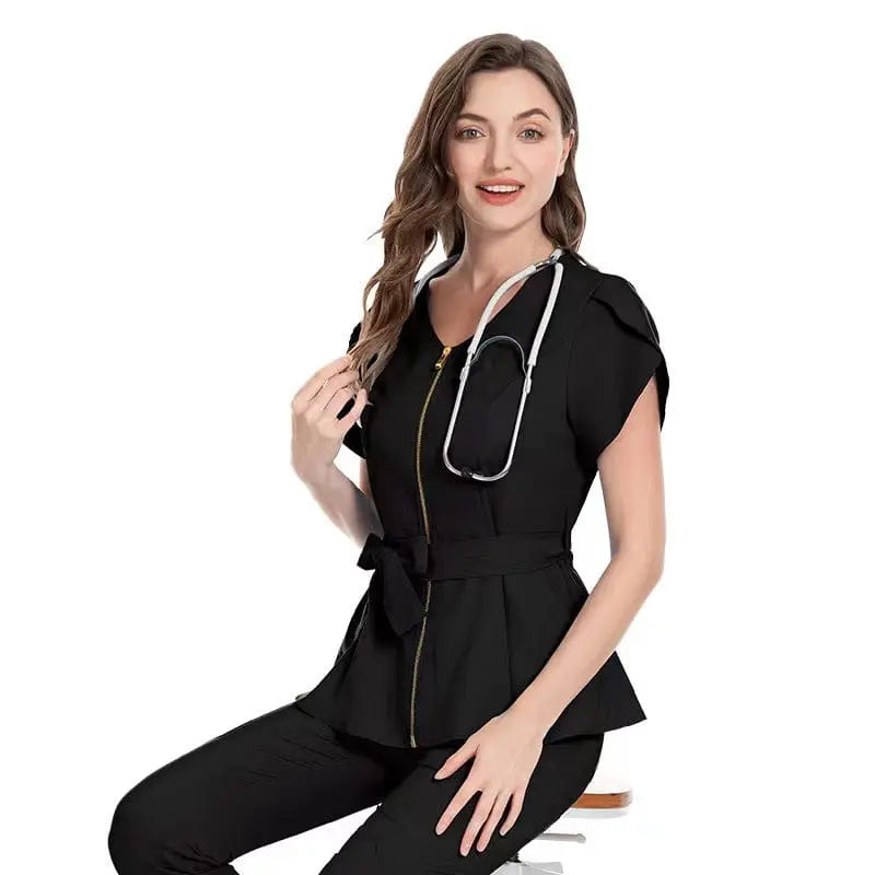 Showlu Medical Scrubs set featuring stretchy, colorful nurse and dental uniforms with zipper closures, designed for comfort and durability.