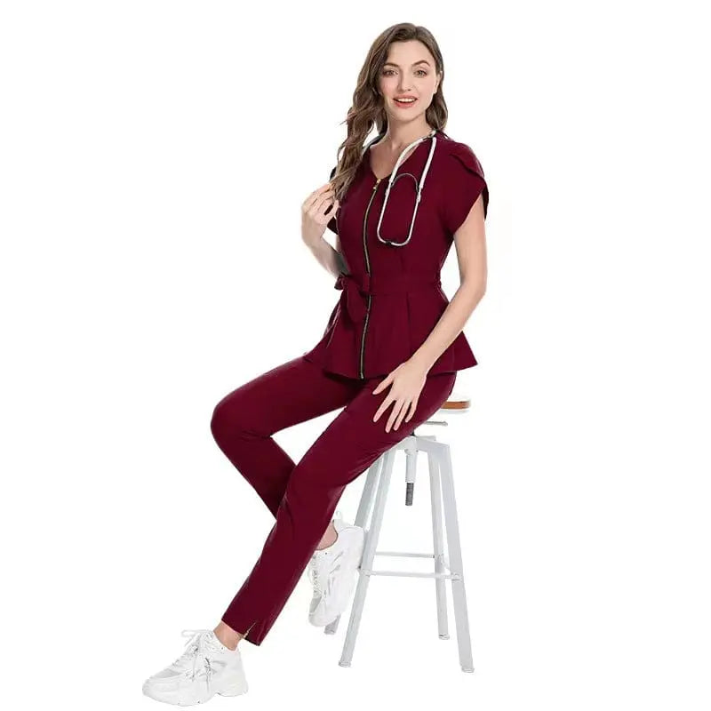 Showlu Medical Scrubs set featuring a colorful, stretchy reusable nurse and dental uniform with zipper closure.