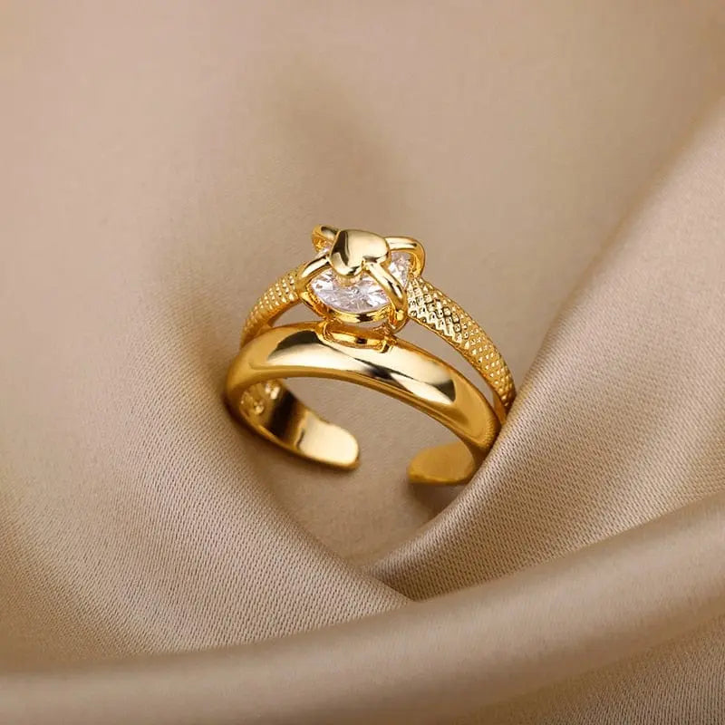 Showlu Store Nation gold stainless steel wedding ring with zircon accent, elegant women’s jewelry, perfect for engagement or wedding.
