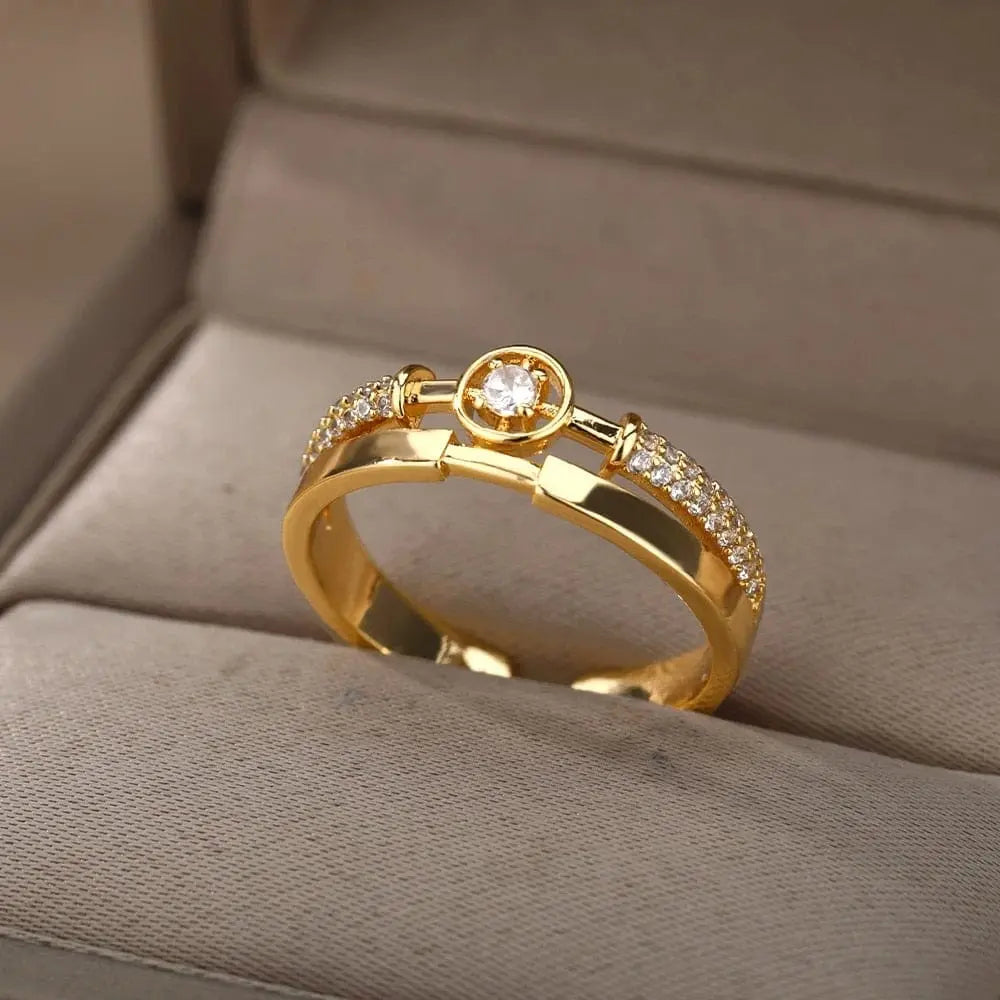 Showlu Store Nation gold stainless steel wedding ring with sparkling zircon stone, elegant jewelry for women.
