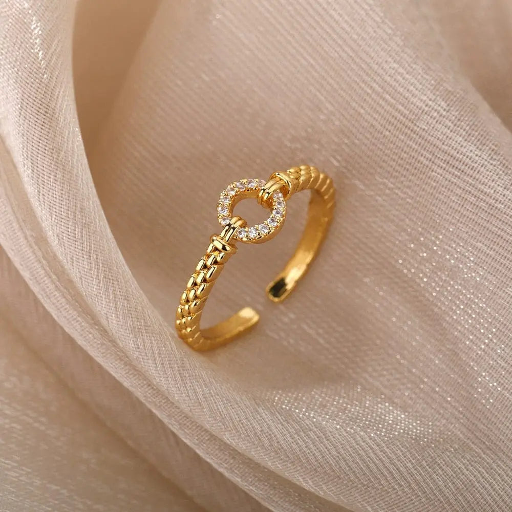 Showlu Store Nation gold stainless steel wedding ring with zircon embellishments, designed for women, elegant jewelry for special occasions