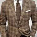 Men's brown checkered suit blazer from SHOWLU FASHION, ideal for fall and autumn evening events. Stylish tartan design.