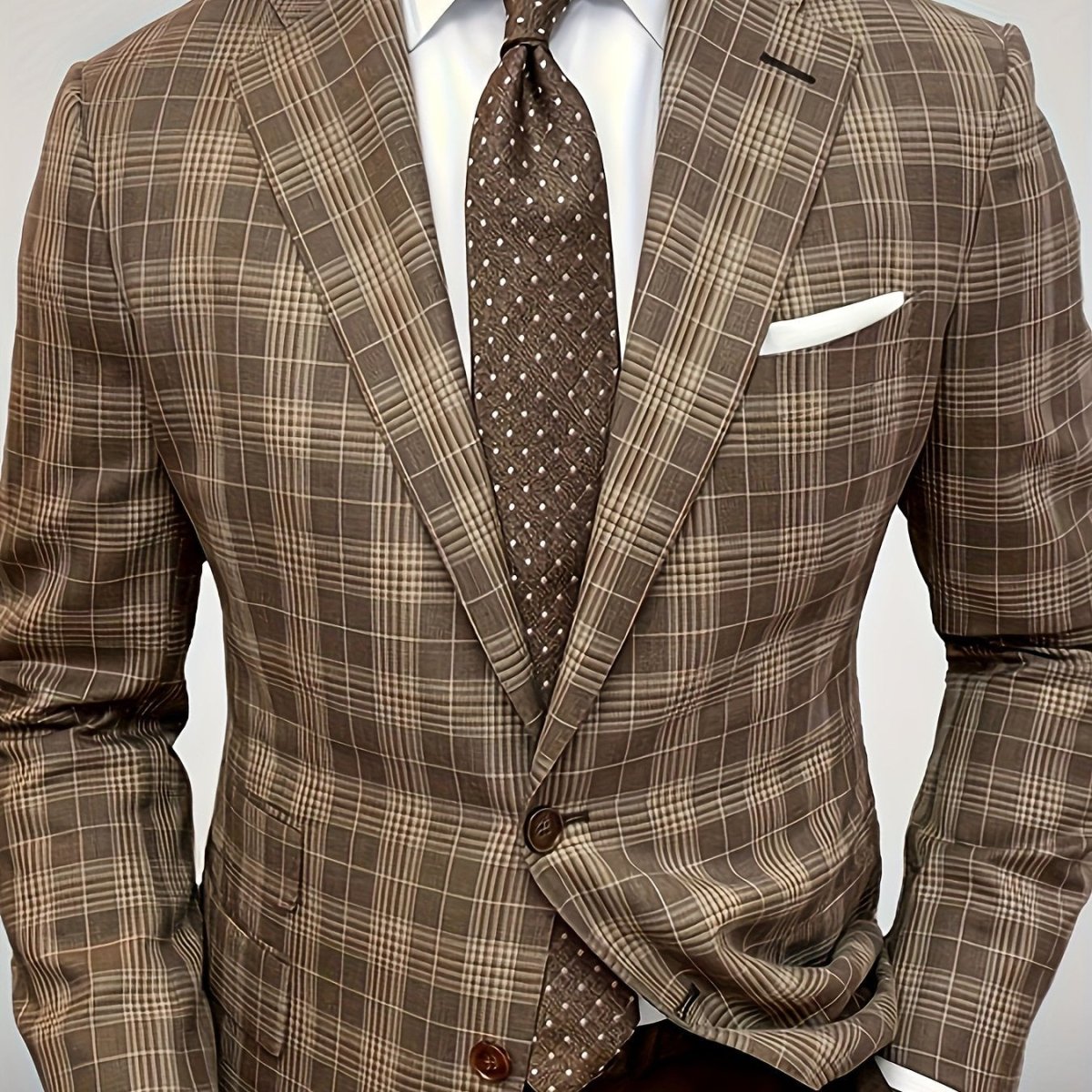 Men's brown checkered suit blazer from SHOWLU FASHION, ideal for fall and autumn evening events. Stylish tartan design.