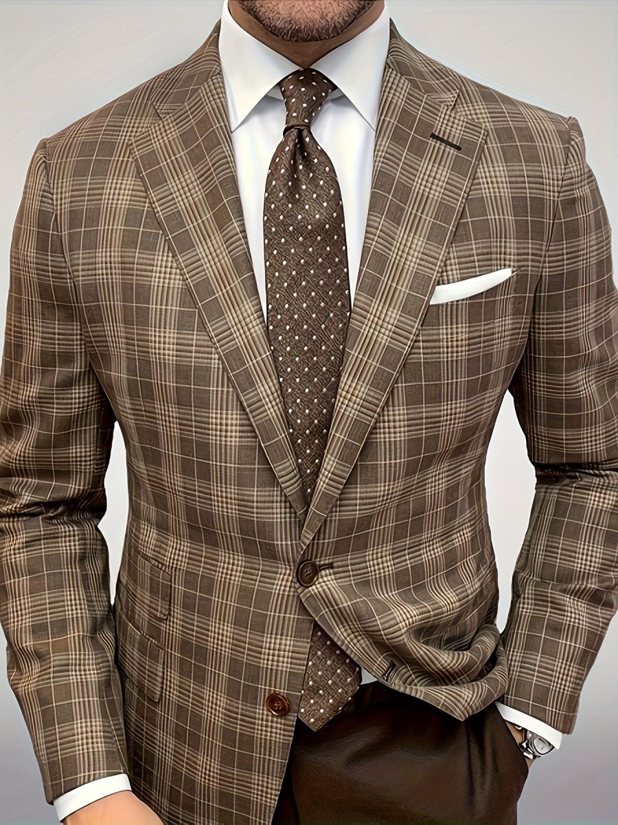 Men's brown checkered suit with blazer from SHOWLU FASHION, ideal for fall and autumn evening events.