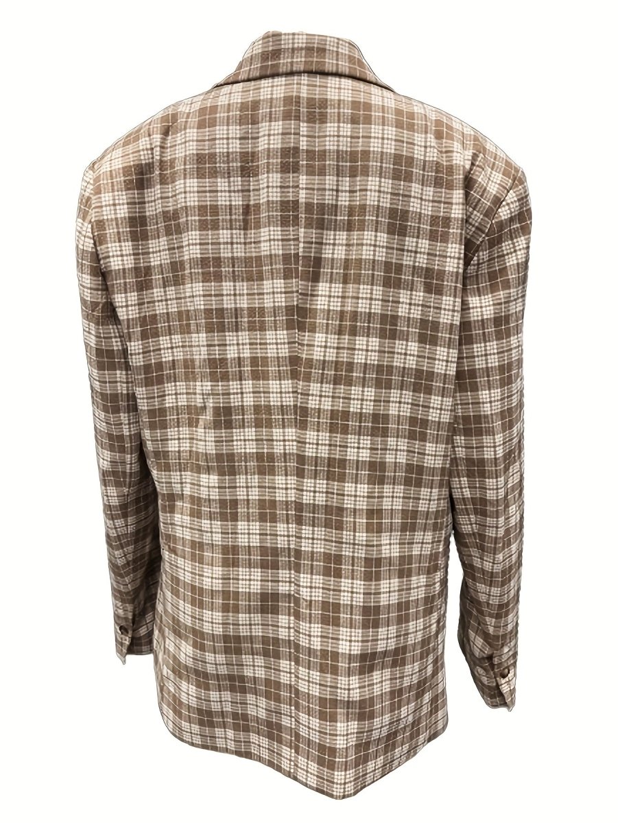 Men's brown checkered suit jacket by SHOWLU FASHION, stylish tartan blazer ideal for fall and autumn evening events.