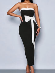 Women's Elegant Off-the-Shoulder Bodycon Dress - Slim Fit Formal/Party/Everyday Dress with Bow Tie Waist, Machine Washable Black Evening Gown for Women, Tight Fitted Dress, Party Outfit, Durable Fabric, Party Wear