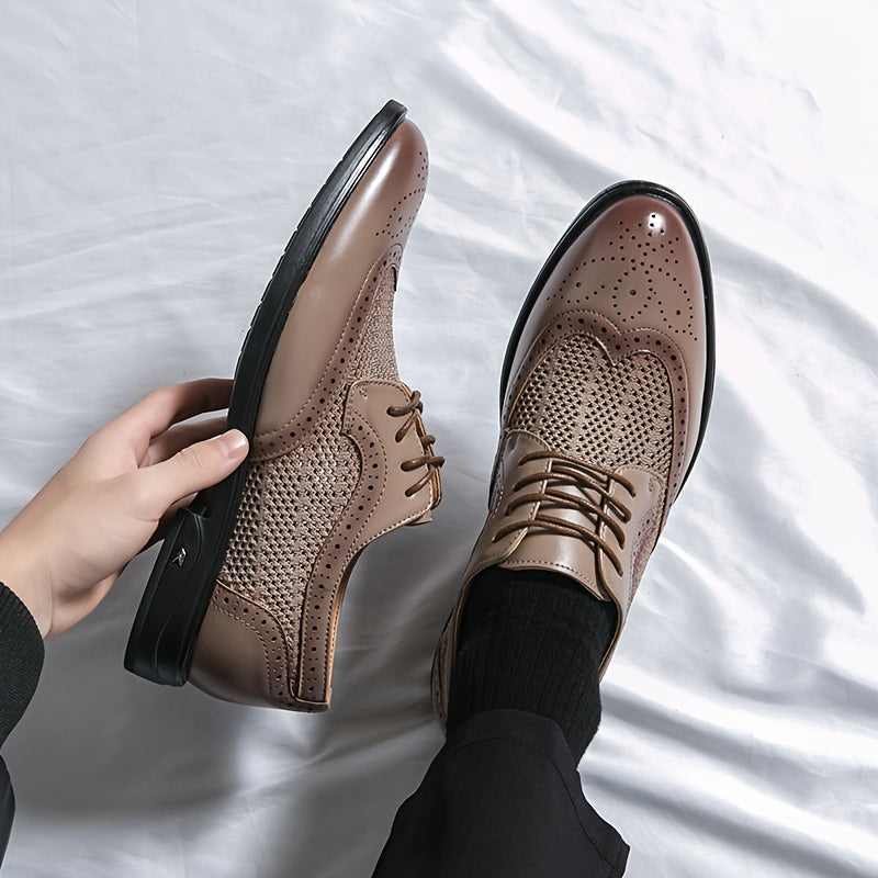 Showlu men's hollow-out business shoes with pointed toe, breathable design, and stylish slip-on footwear for professional attire.
