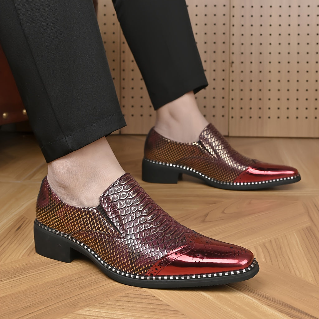 Men's snake scale patchwork slip-on formal shoes with chunky heel by Showlu Fashion Store, featuring a stylish snake pattern and sleek design.