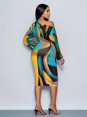 Elegant Off-Shoulder Geometric Print Dress for Women - High Stretch, Machine Washable, Bodycon Fit with Pleated Detail, Perfect for Parties & Events, Formal Gathering Outfit | Elegant Offshoulder Dress | Vibrant Color Dress,