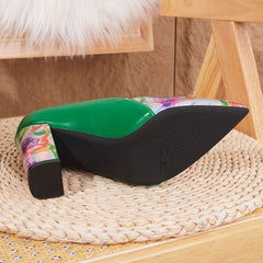 Elegant High Heels: Bold Green And Colorful Abstract Design, Pointy Toe, Chunky Heel, Non-Slip Sole, Perfect for Fashionable Occasions
