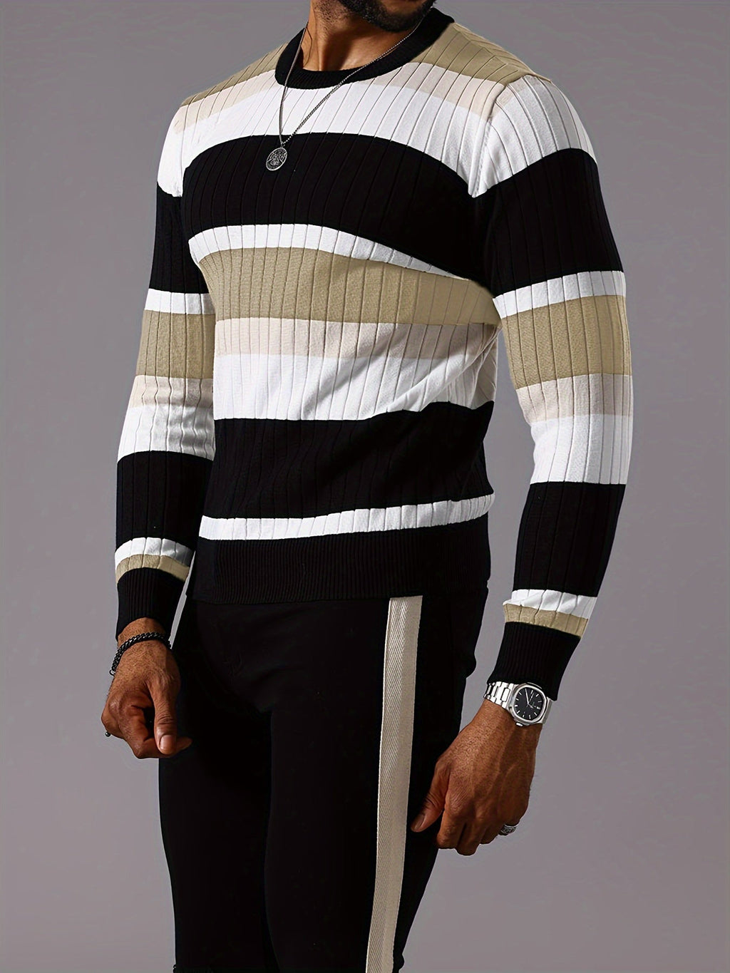 SHOWLU Men's striped ribbed knit sweater with long sleeves and crew neck, cozy and stylish pullover for casual wear.