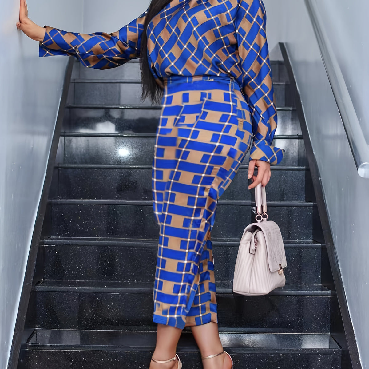 European And American Fashion Plaid Printed Long-Sleeved Shirts Paired with Casual Pants, Two-Piece Set