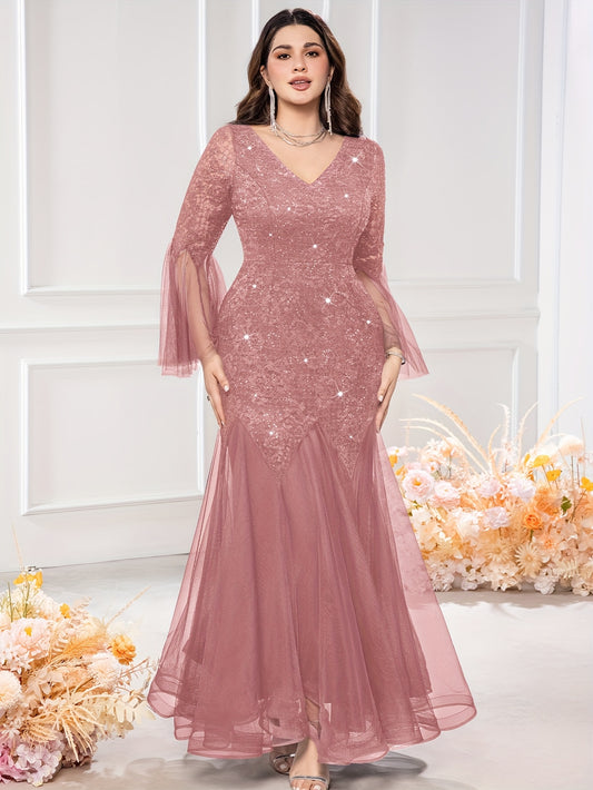 Elegant Plus Size Sequin Lace Dress with V-Neck & Long Bell Sleeves - Fitted Waist Mermaid Tulle Hem Formal Gown for Weddings, Parties, Spring/Summer Events, Mermaid Wedding Dress, Wedding Guest Attire, Sophisticated Craftsma