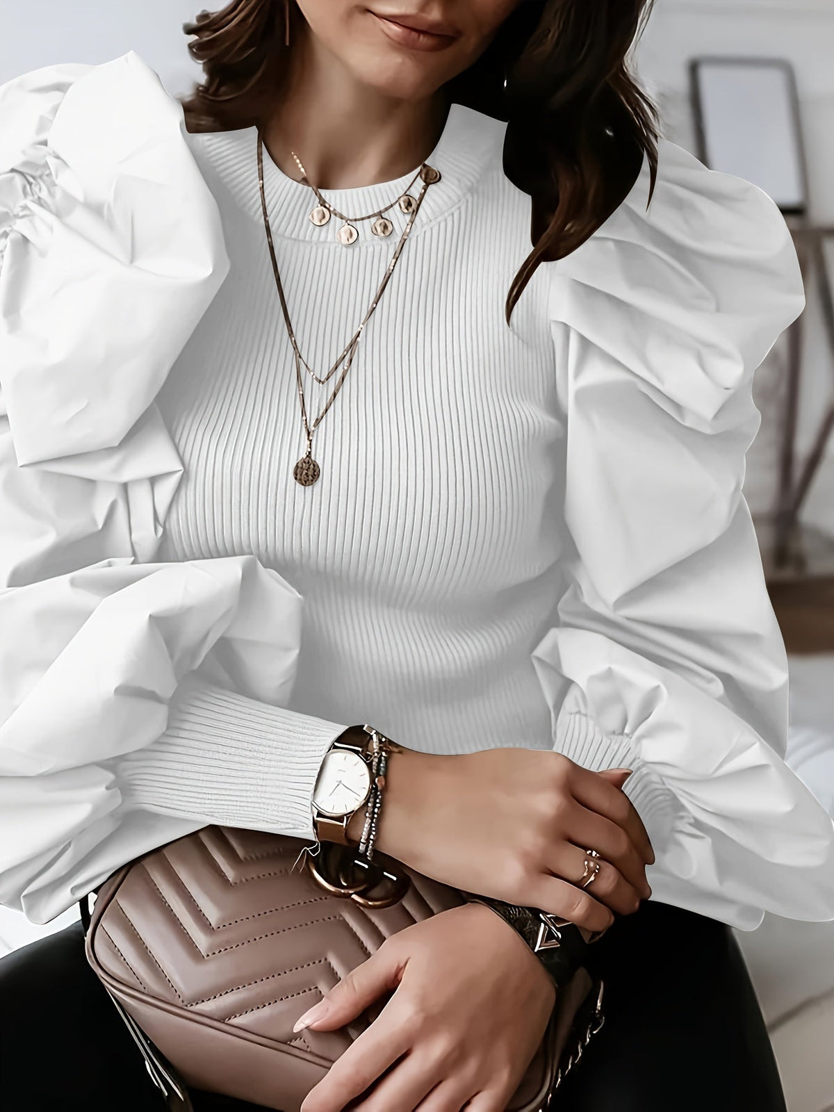 Black ribbed blouse for women with puff sleeves and crew neck, stylish and elegant top by SHOWLU FASHION STORE.