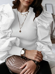 Women'S Black Ribbed Blouse with Puff Sleeves & Round Neck - Stylish Layering Piece for Casual or Formal Outfits, Allseason Top | Ribbed Texture Top | Construction, Ladies Blouses